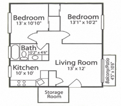 Floor plan for 2 beds, 1 bath, 765 sqft